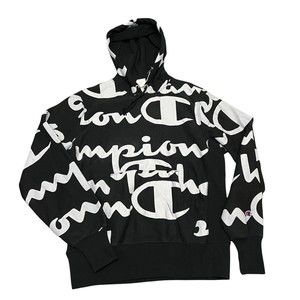 Champion Sweater Men’s S Black White Script All Over Print Hoodie *Damaged*